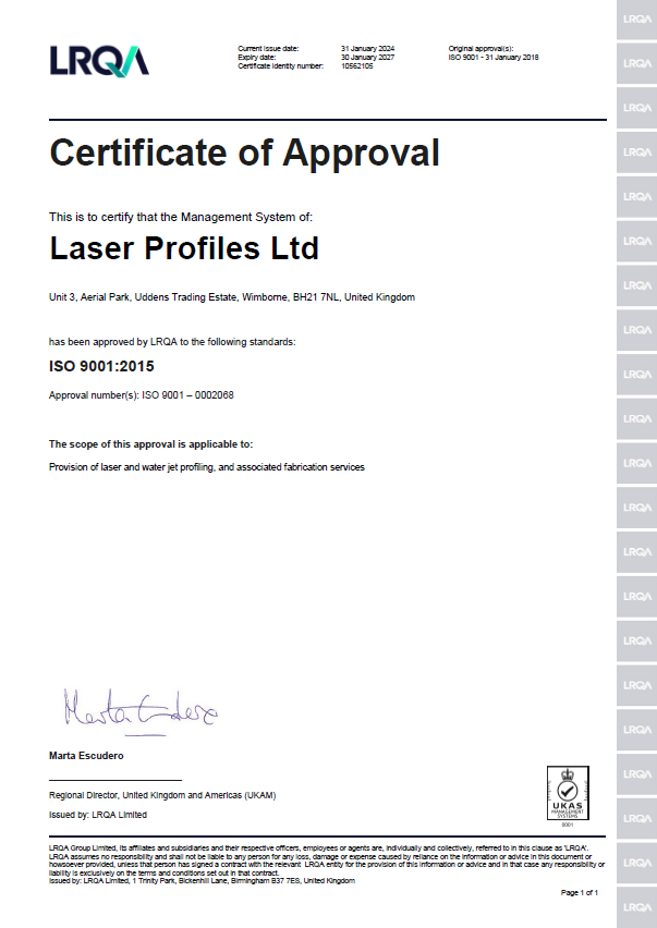 lrqa certificate of approval for laser profiles